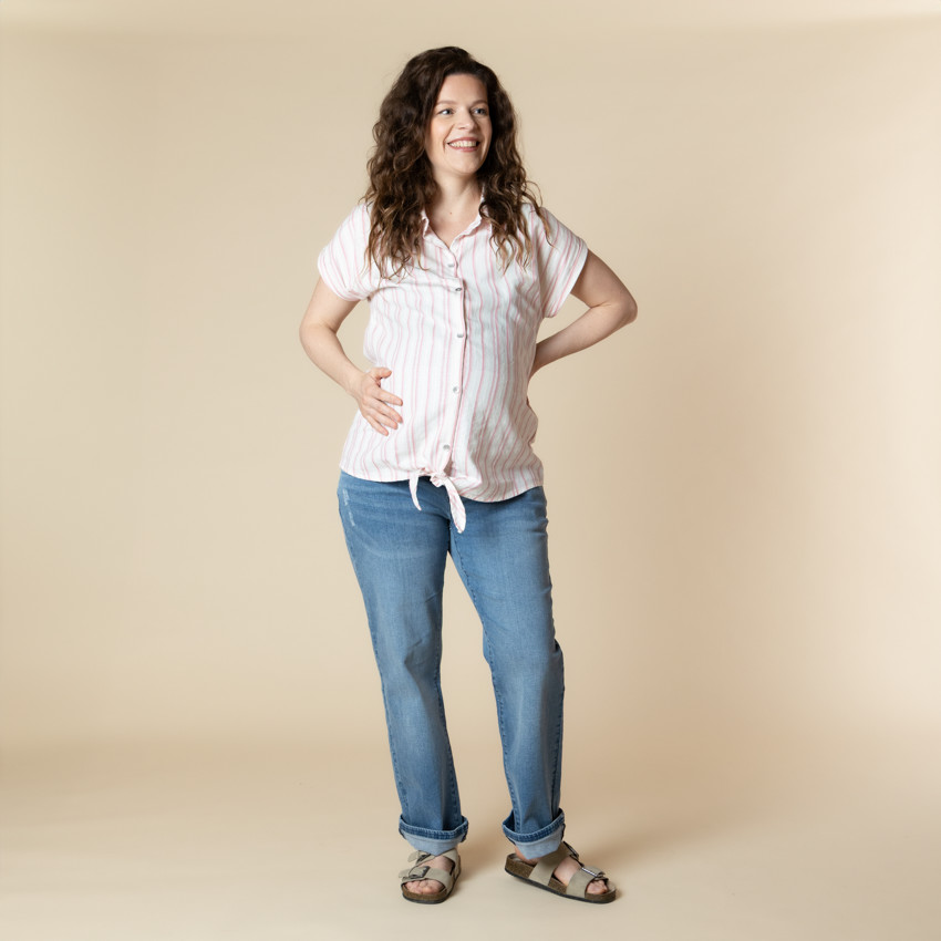 Camisa de manga corta de embarazo y lactancia a rayas con lazo 