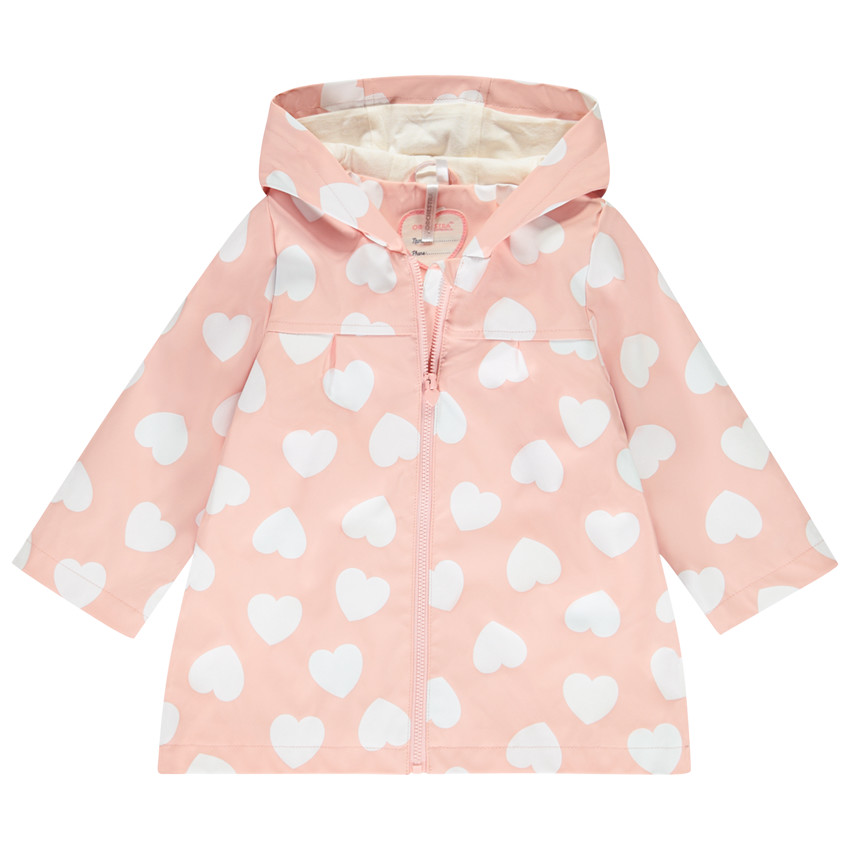 Parka de goma con colores cambiantes estampada de corazones para niña. 