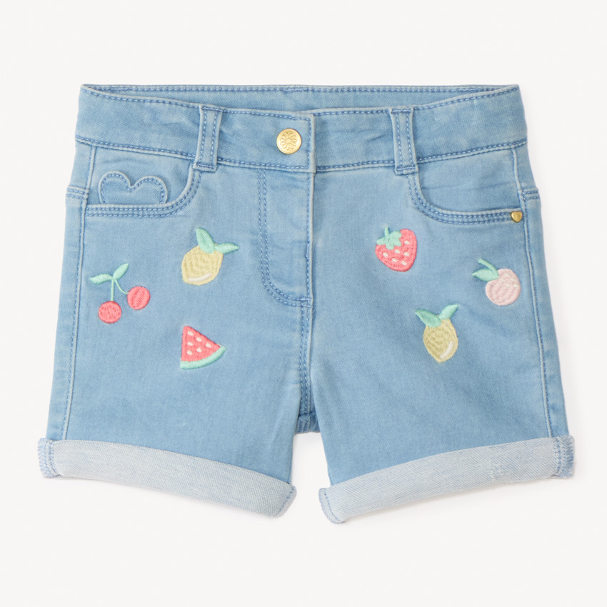 Short en jean broderie fruits pour bébé fille 