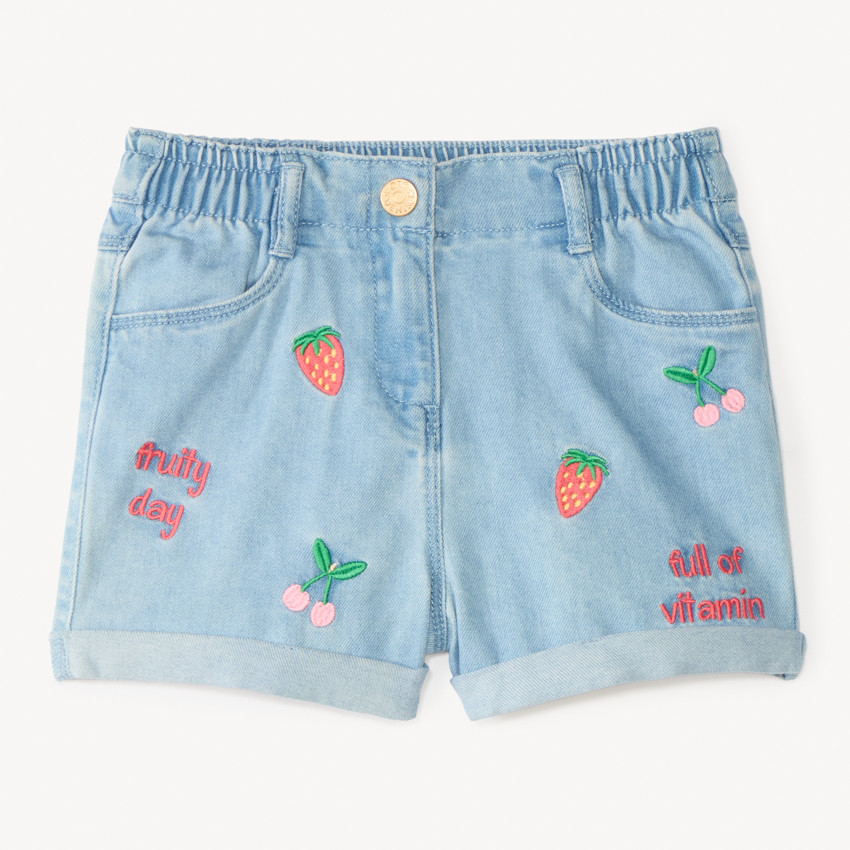 Short de mezclilla con bordado de fresas y cerezas para niña 