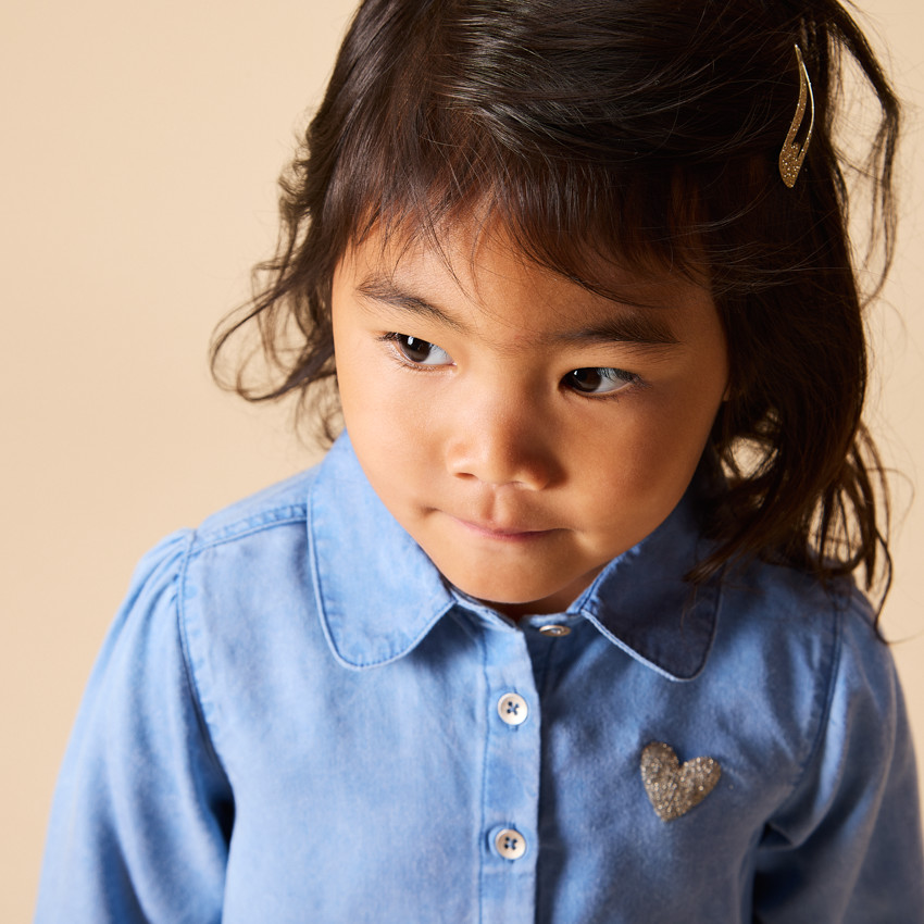 Vestido camisa de manga larga con bordado de corazón para bebé niña 