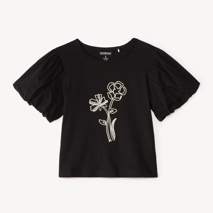 Camiseta de niña de flores con cordones de manga corta 