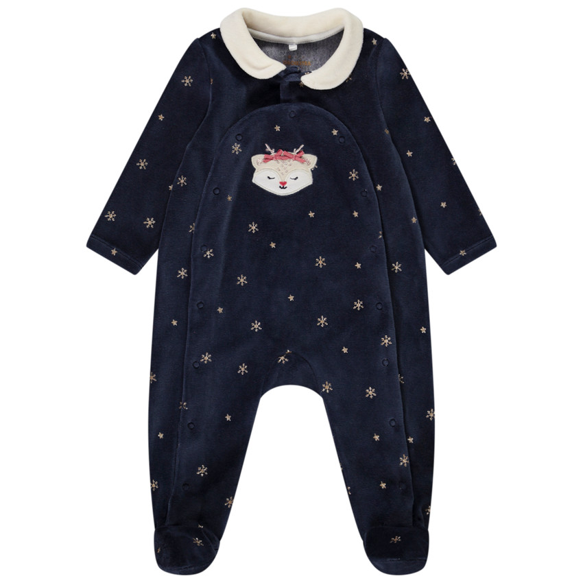 Pelele de terciopelo con estampado de copos de nieve para bebé niña con diferentes aperturas según la edad. 