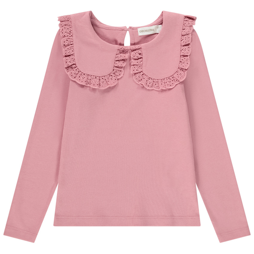 Camiseta manga larga acanalada con cuello bordado niña 