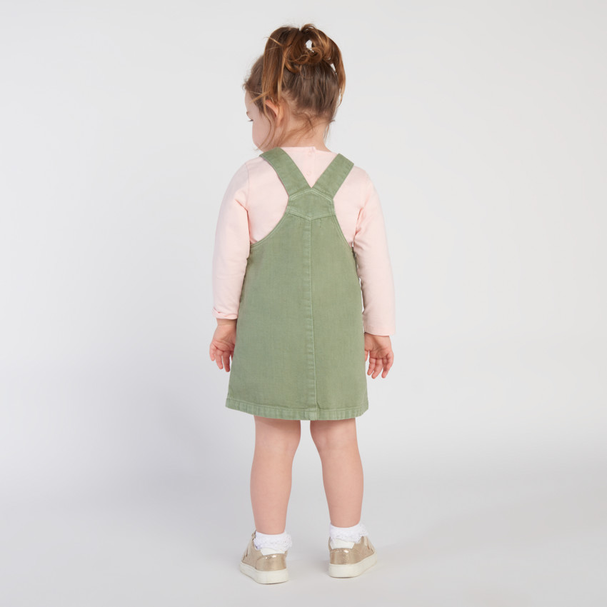 Vestido peto liso de denim kaki con bolsillos para bebé niña 