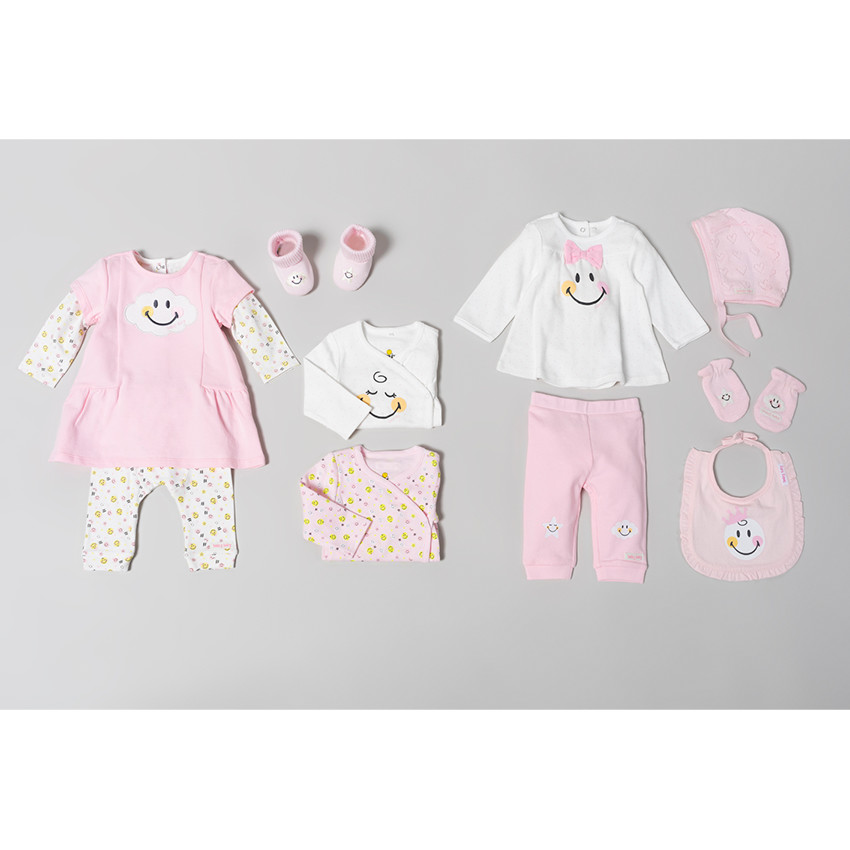 Conjunto con camiseta de manga larga, vestido rosa y legginghs estampado con ©Smiley 