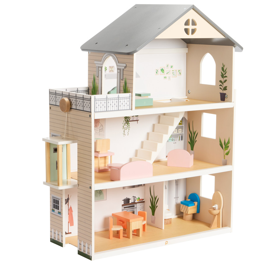 Casa de muñecas amueblada de madera 