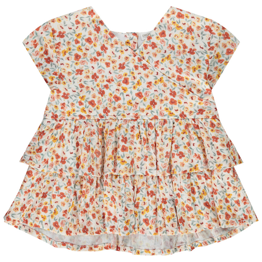 Túnica con volantes de gasa de flores y mangas cortas para niña 