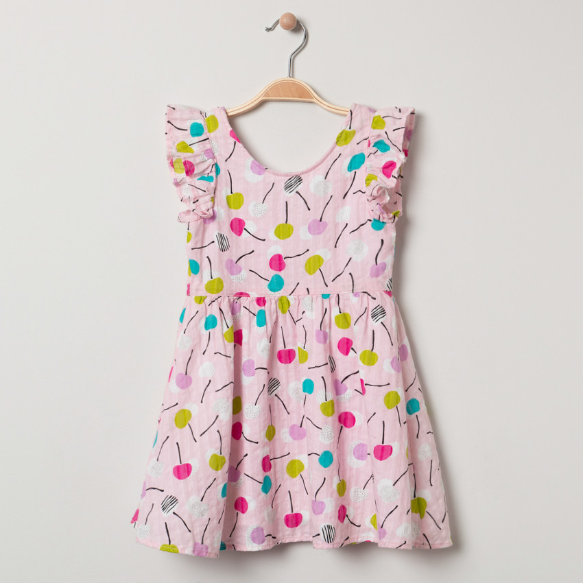 Vestido manga corta con volantes estampado cerezas all-over 