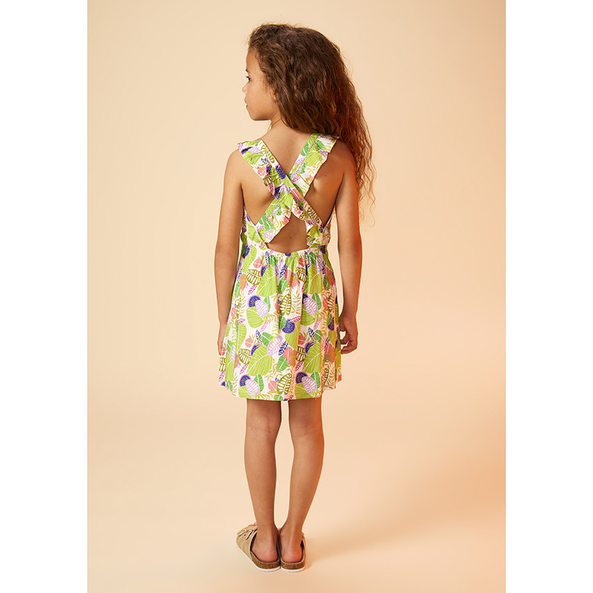 Vestido de tirantes cruzados con estampado tropical para niña 