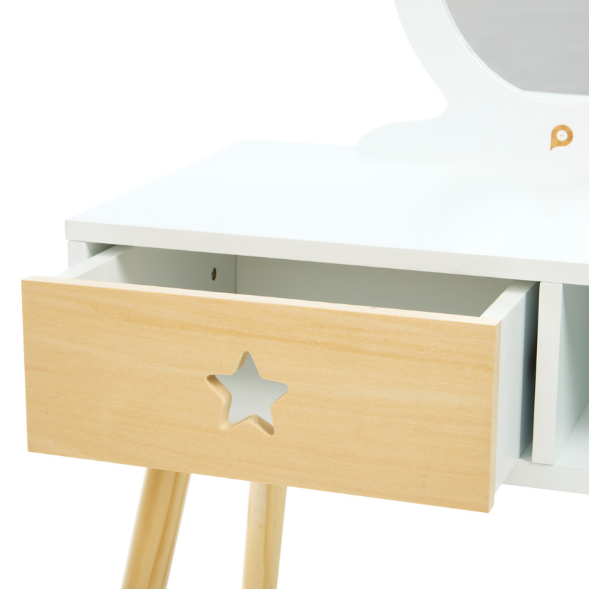 Mesita de tocador funcional con taburete de madera 