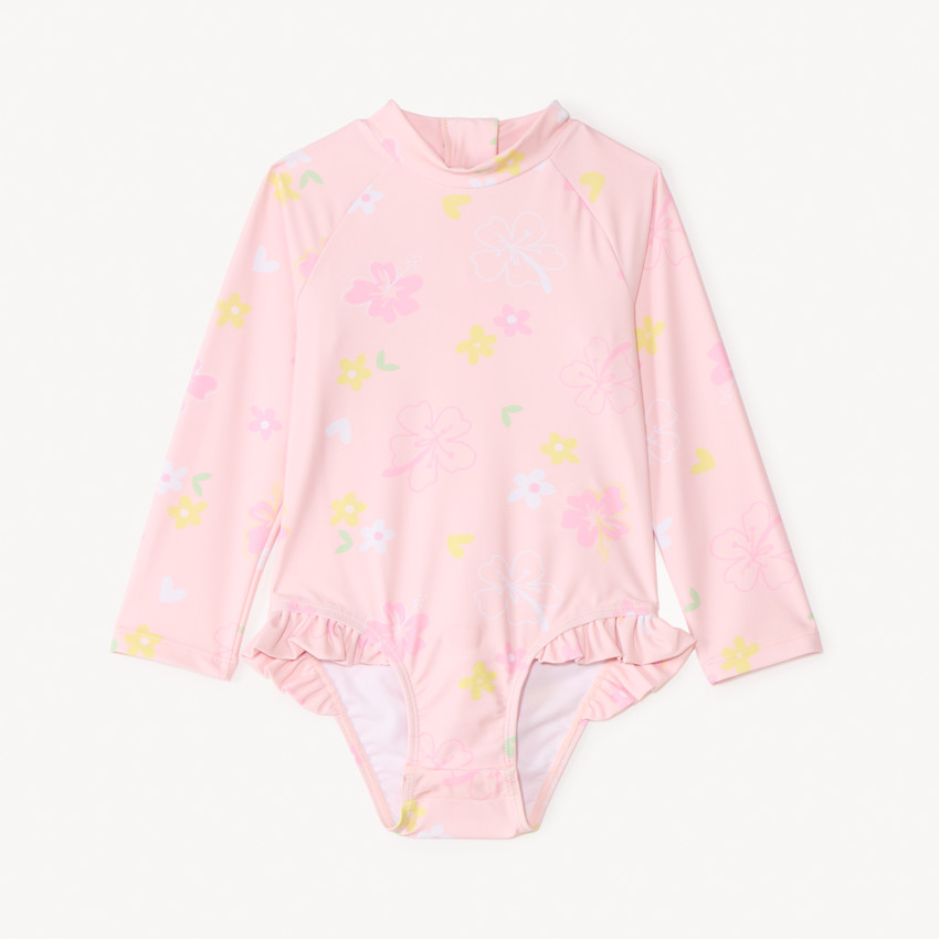 Bañador de una pieza de manga larga anti-UV con estampado de flores para niña bebé 