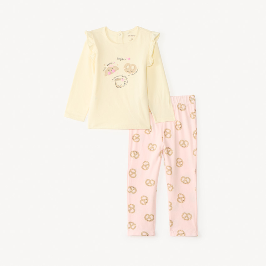 Conjunto de 2 piezas de pijama camiseta + pantalón con estampado de desayuno para niña bebé con acabados diferentes según la edad. 