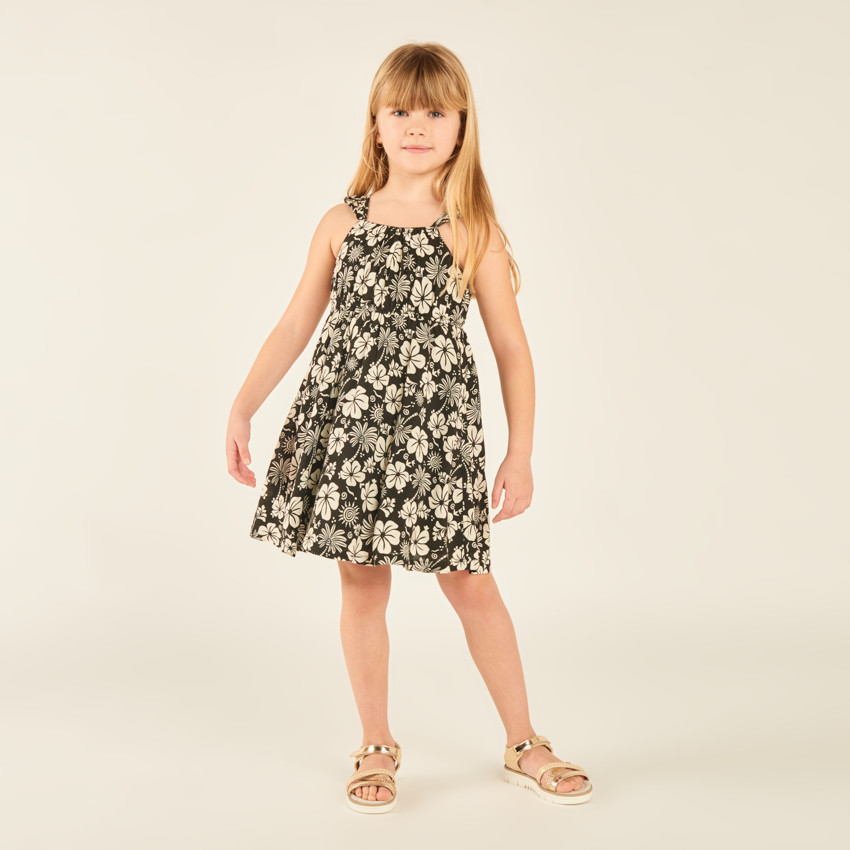 Vestido de tirantes con volantes y estampado de flores exóticas para niña 