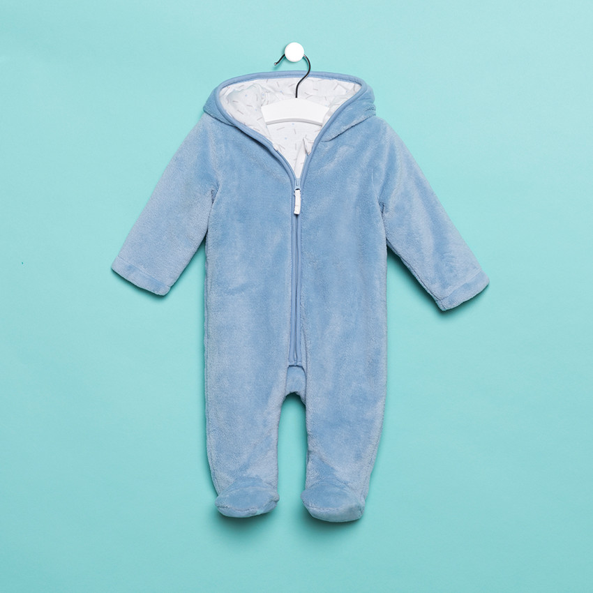 Mono de borreguillo azul con capucha y orejas con forro de punto  