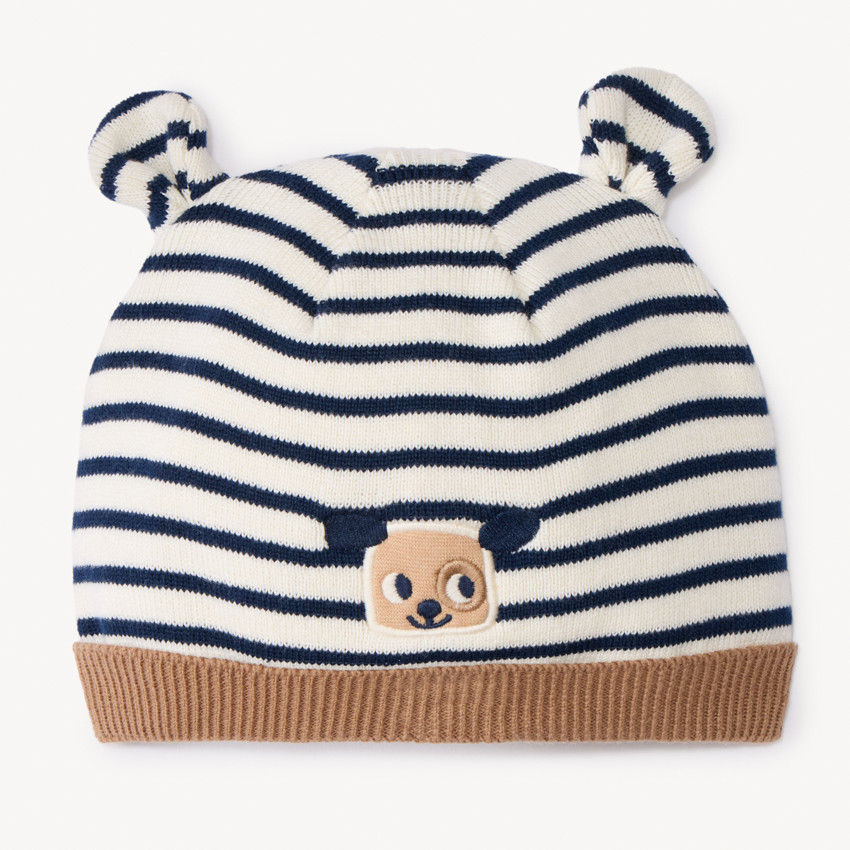 Bonnet en tricot rayé avec patch chien pour bébé garçon 