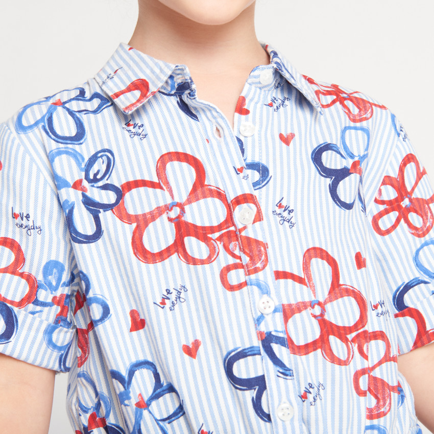 Vestido camisa de manga corta con estampado de flores y rayas para niña 