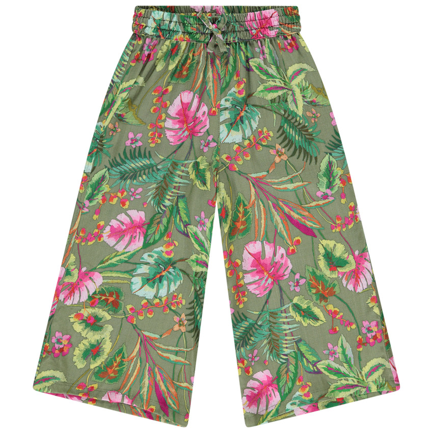 Pantalón pirata fluido y evasé estampado tropical para niña. 