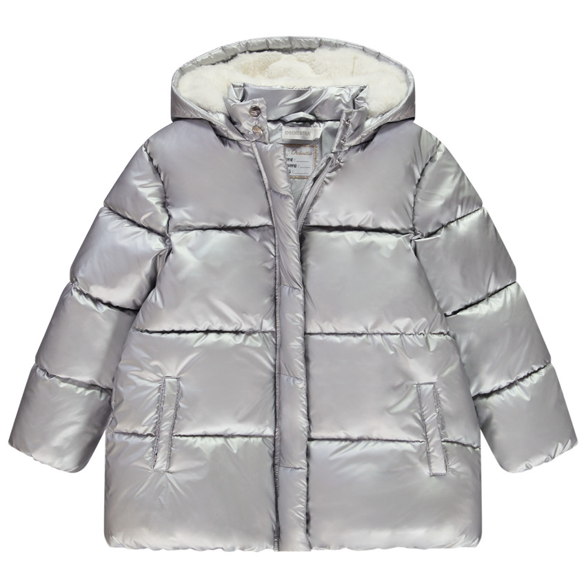 Chaqueta acolchada con capucha de tejido iridiscente forrada en sherpa para niña 