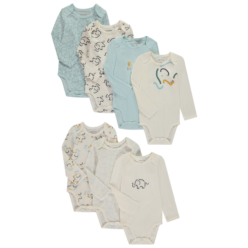 Pack de 7 bodies de manga larga con estampado de elefantes para bebé niño con diferentes aberturas según la edad.  Additional Pack de 7 bodies de manga larga con estampado de elefantes para bebé niño con diferentes aberturas según la edad.