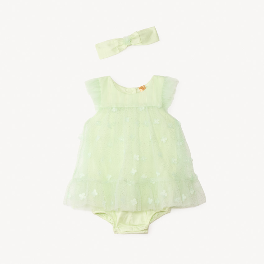 Vestido de tul con flores 3D + diadema con lazo de tul para bebé niña 