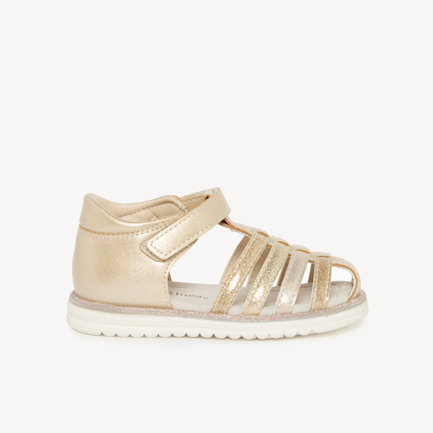 Sandalias de cuero doradas con brillos para niña bebé 