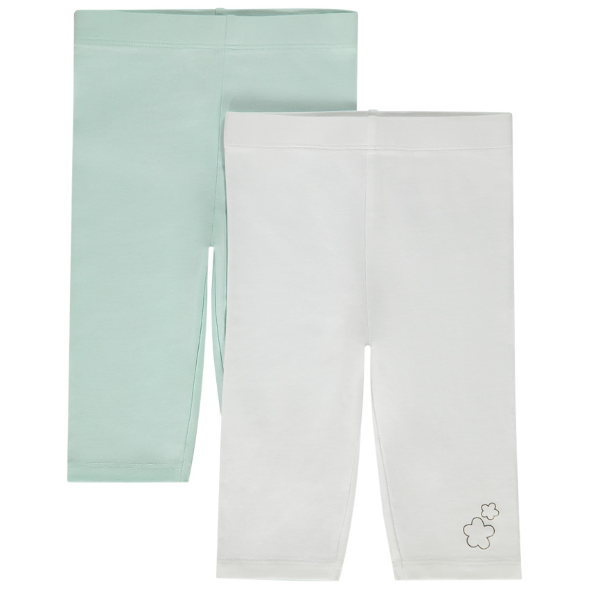 Lote de 2 corsarios lisos con estampado glitter de flores para bebé niña 