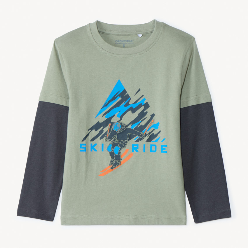 Camiseta de manga larga efecto 2 en 1 estampada de esquí niño. 
