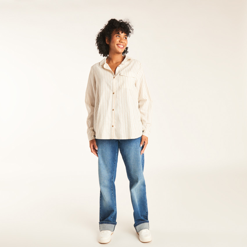 Camisa de manga larga de embarazo y lactancia a rayas con bolsillo 