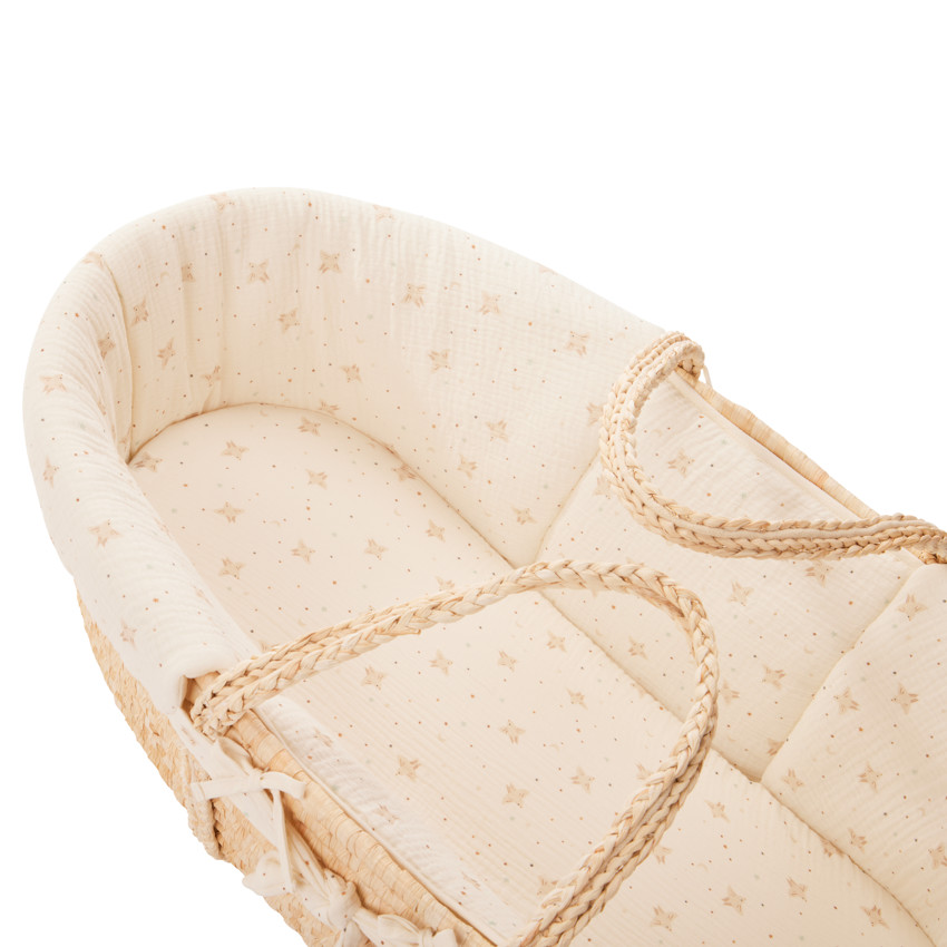 Couffin en osier avec habillage en tetra imprimé écru 