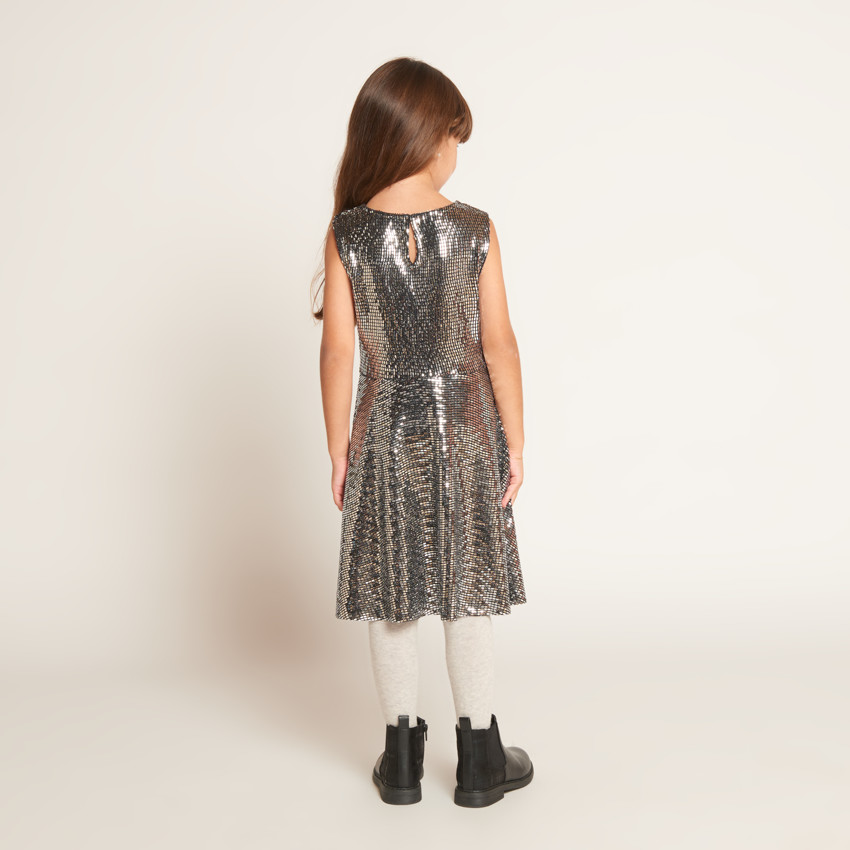 Vestido de fiesta en tejido fantasía plateado para niña 