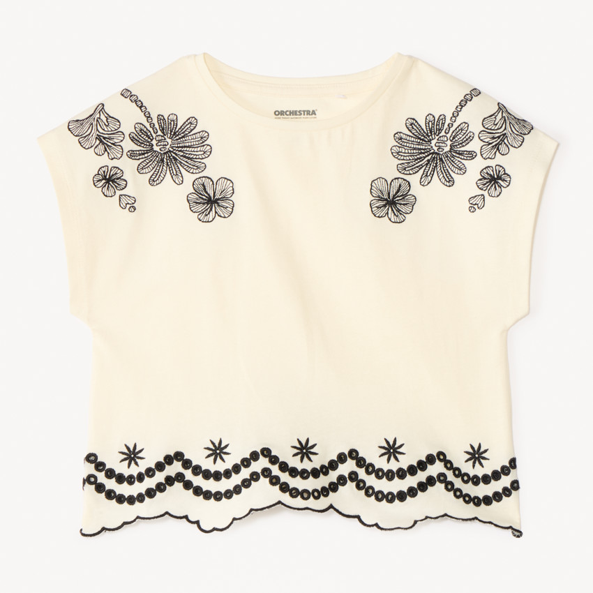 Camiseta de manga corta con bordado de flores para niña 