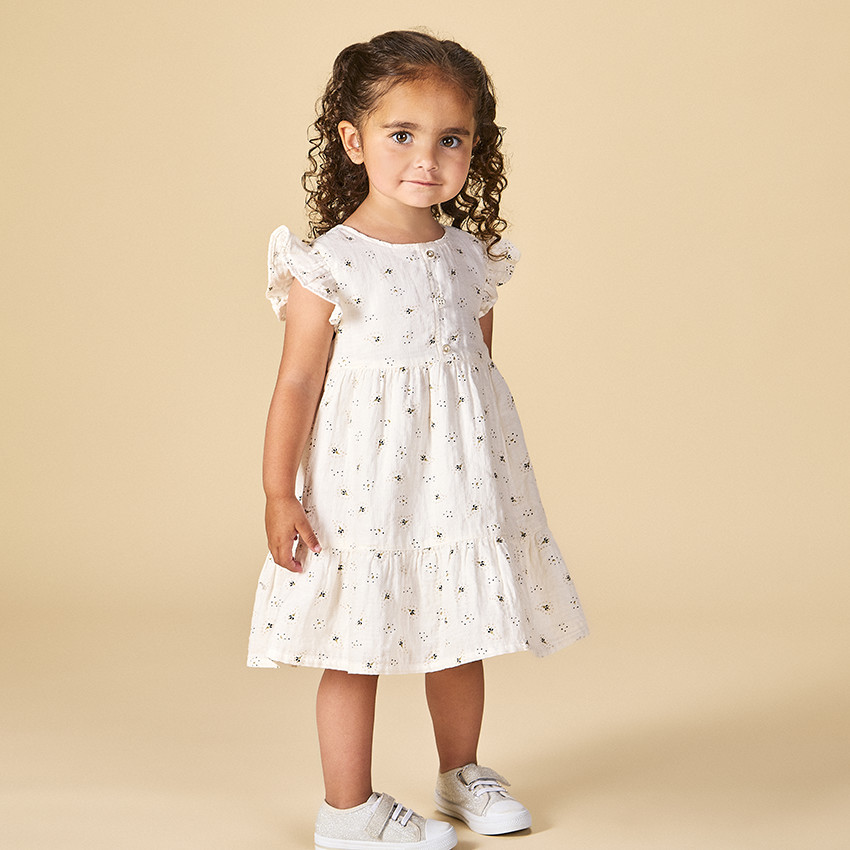 Vestido de manga corta en gasa estampada para niña 