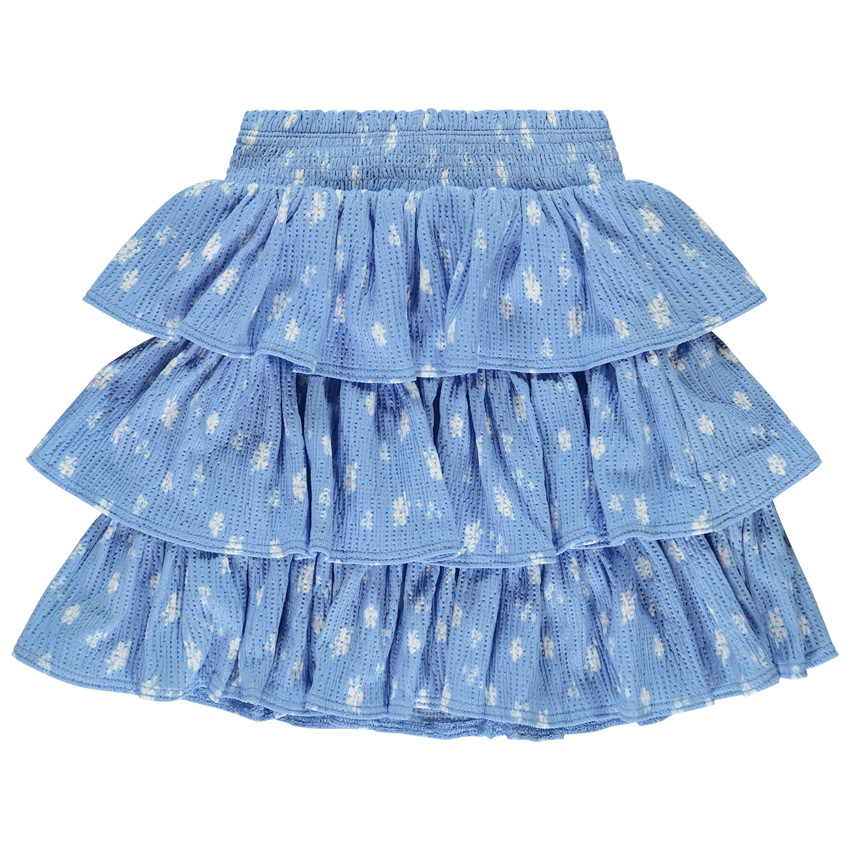 Falda corta de punto calado y estampado con volantes para niña 