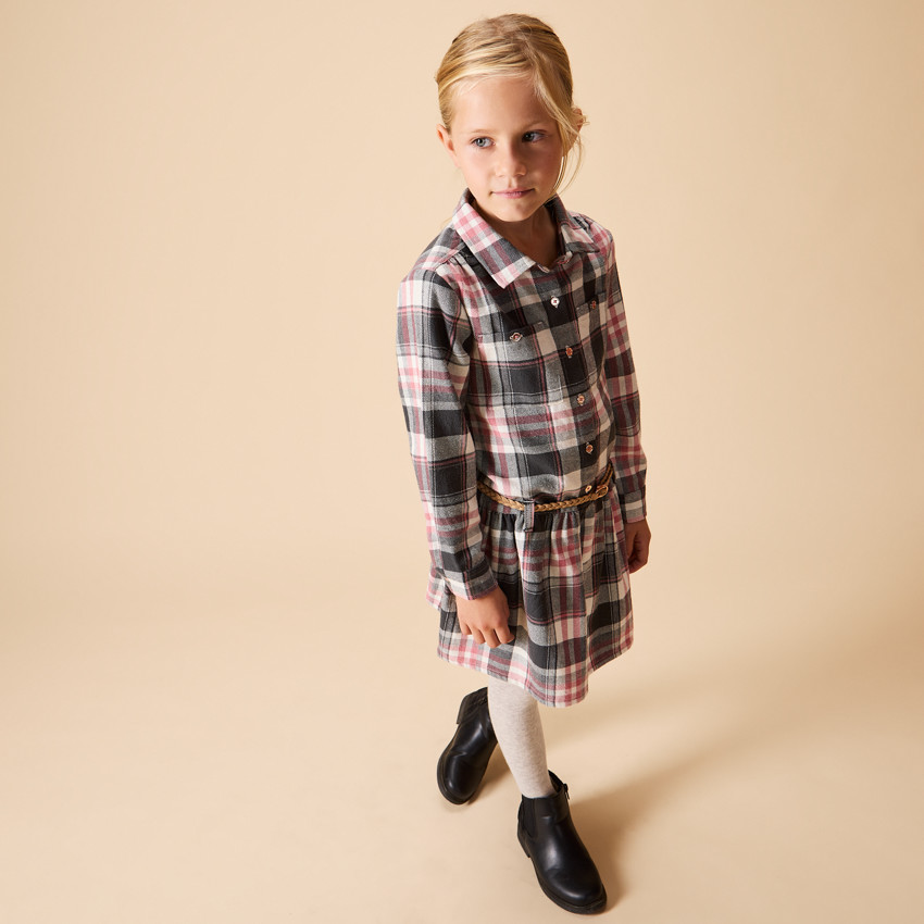 Ropa de camisa de cuadros con cinturón y mangas largas para niña 