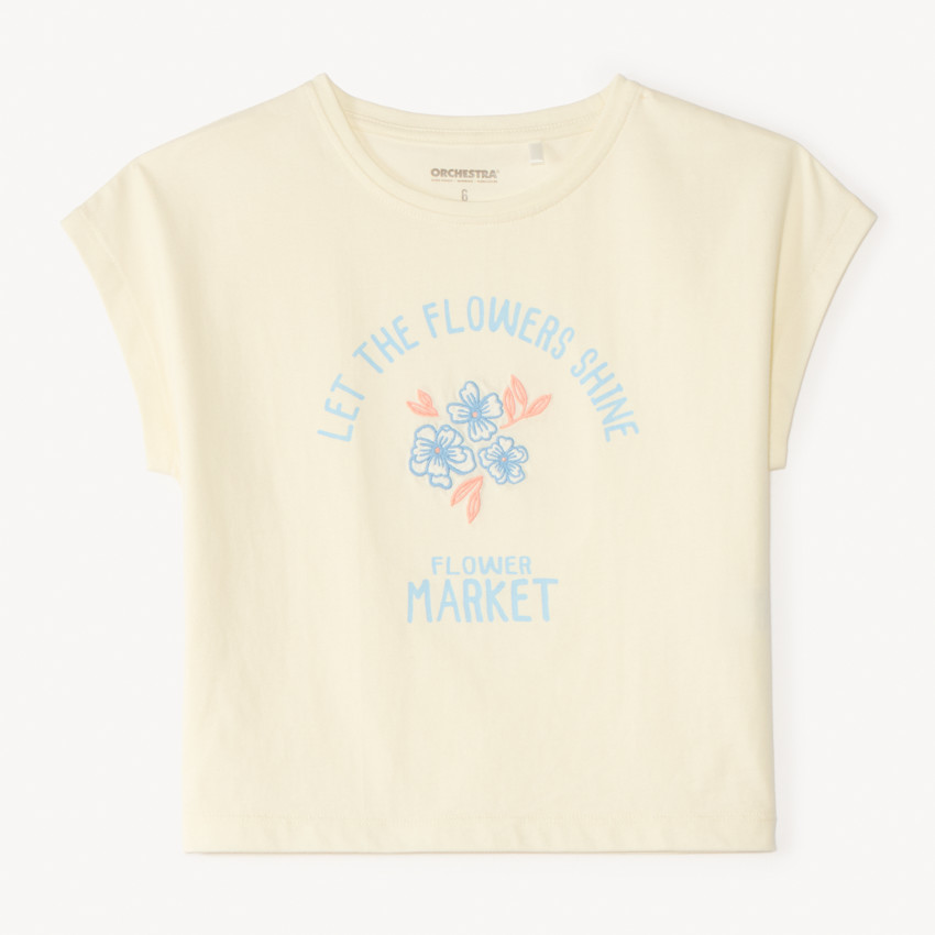 Camiseta de manga corta con bordado de flores para niña 