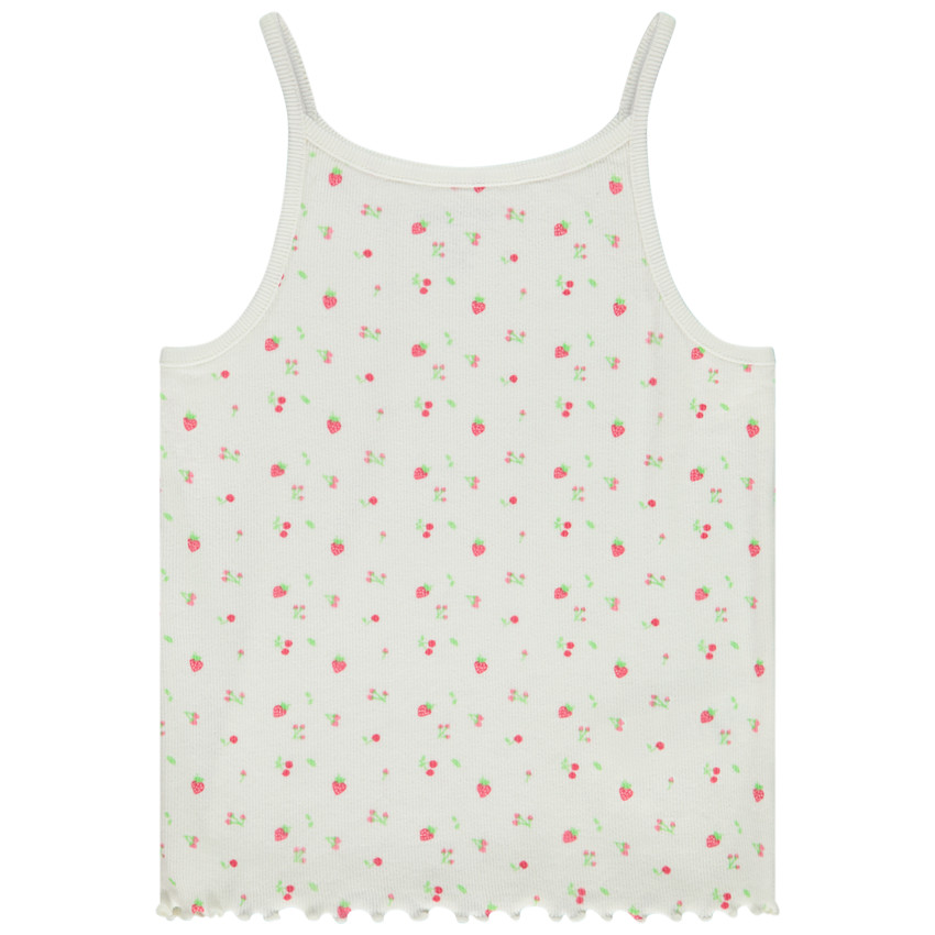 Camiseta de tirantes de canalé con festón y estampado fantasía para niña 