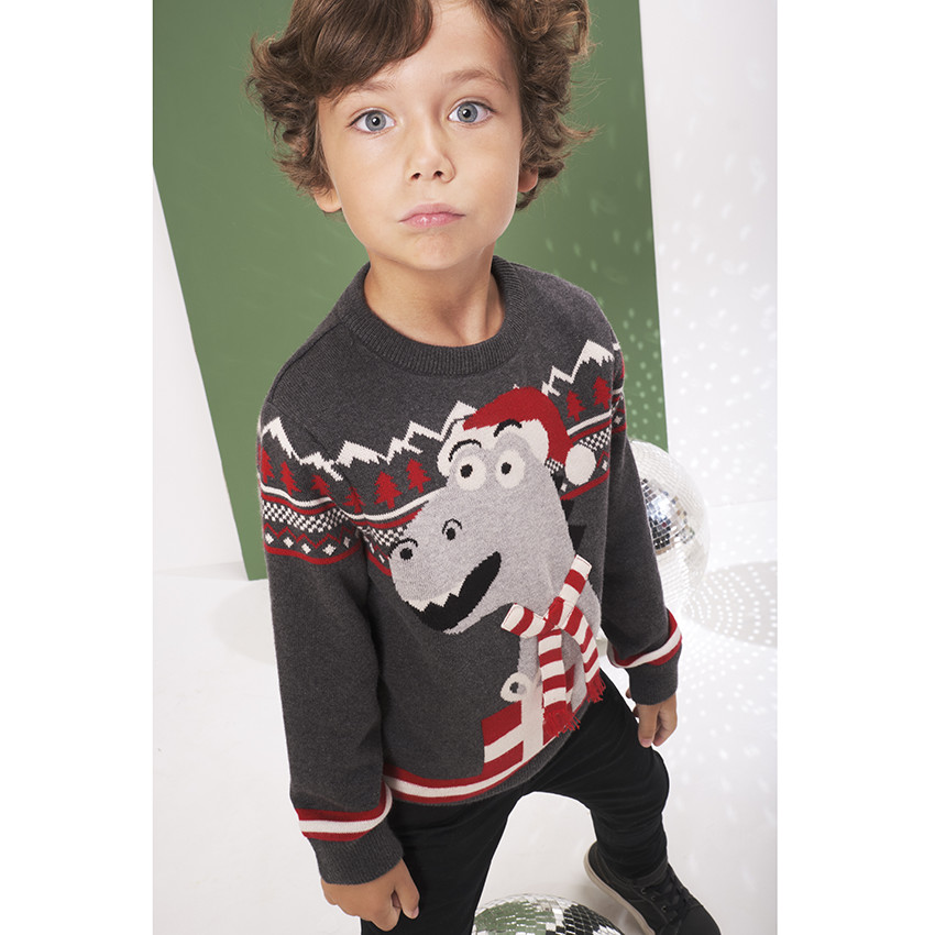 Suéter de Papá Noel en tejido de punto con imagen de dinosaurio en jacquard para niño 