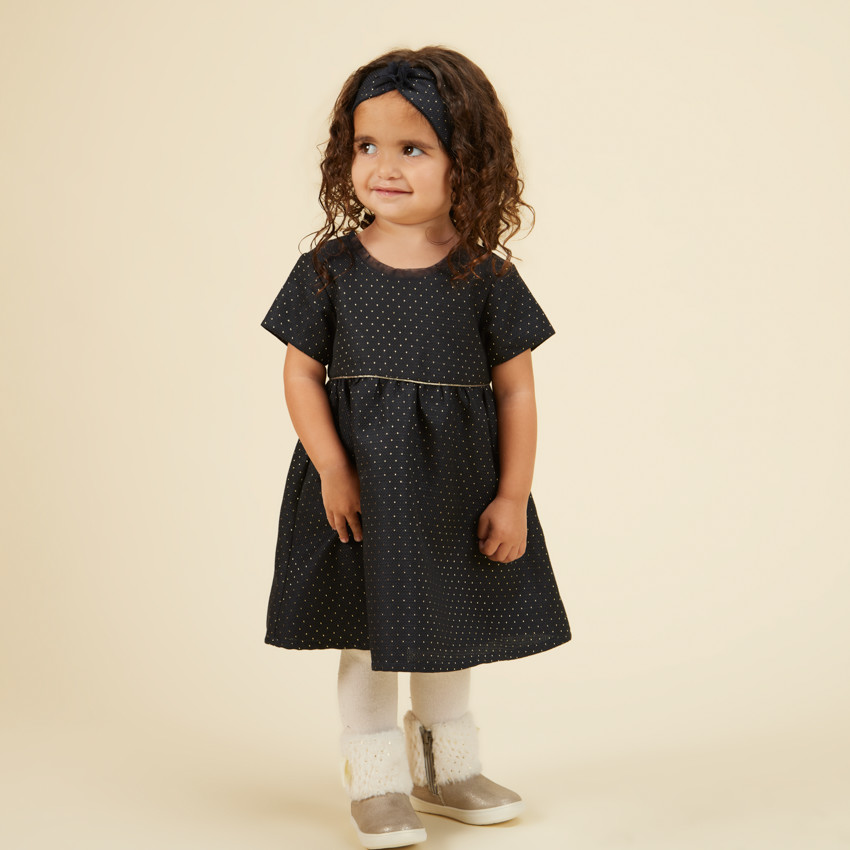 Conjunto vestido de fiesta en jacquard + diadema para bebé niña 