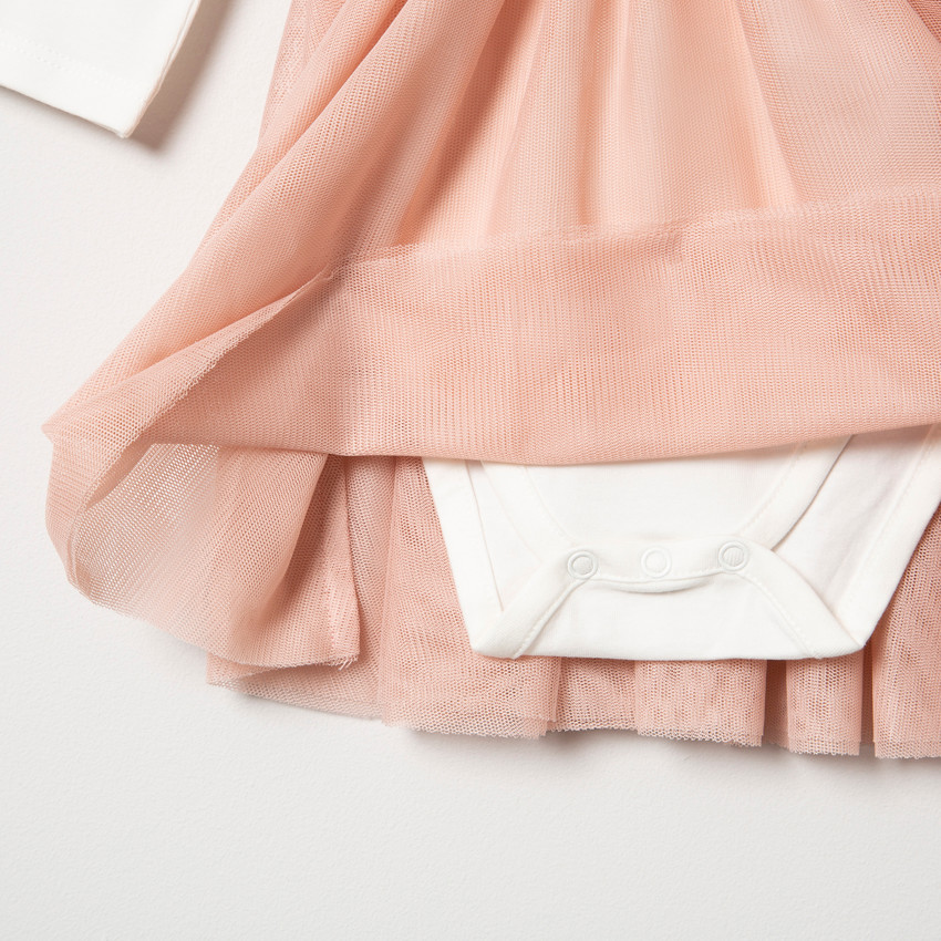 Vestido de punto con efecto 2 en 1 y estampado de conejo con tul elástico plateado 