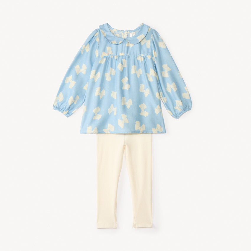 Conjunto de blusa larga + pantalones con estampado de lazos para bebé niña. 