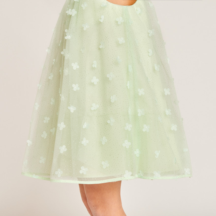 Robe unie en tulle avec petites fleurs 3D pour fille 