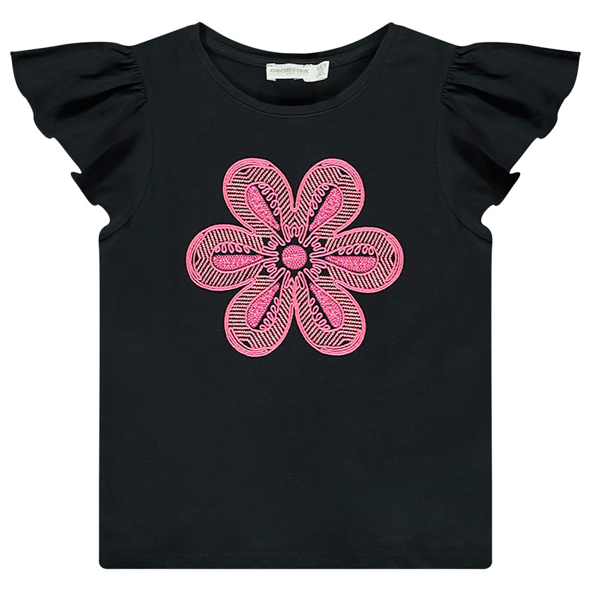 Camiseta de manga corta con volantes y bordado niña 
