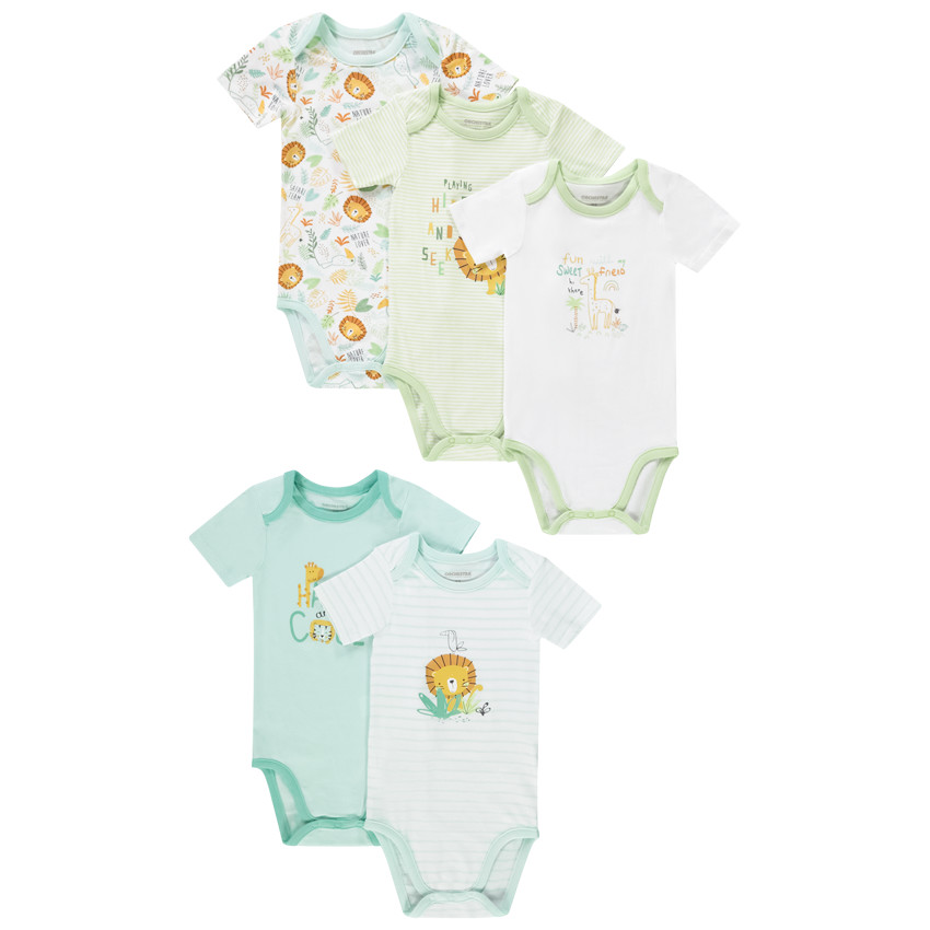 Lote de 5 bodies manga corta león para bebé niño con diferentes aperturas según la edad 