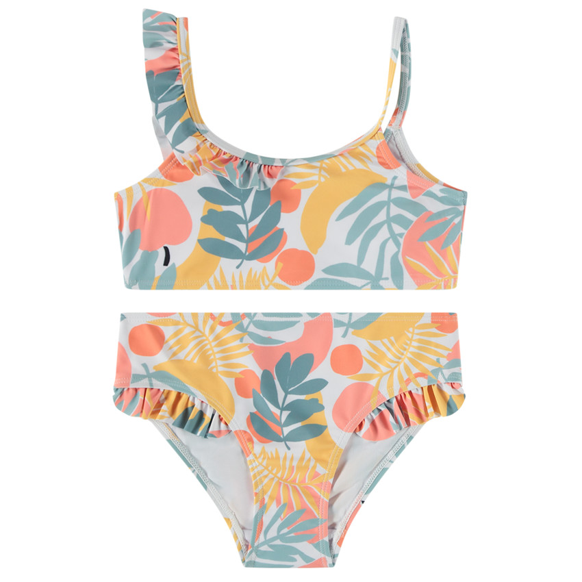 Maillot de baño 2 piezas con volantes y estampado tropical para niña 