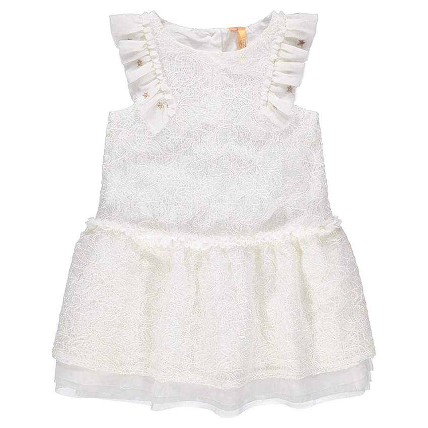 Vestido de fiesta blanco con encaje y volantes en las mangas 