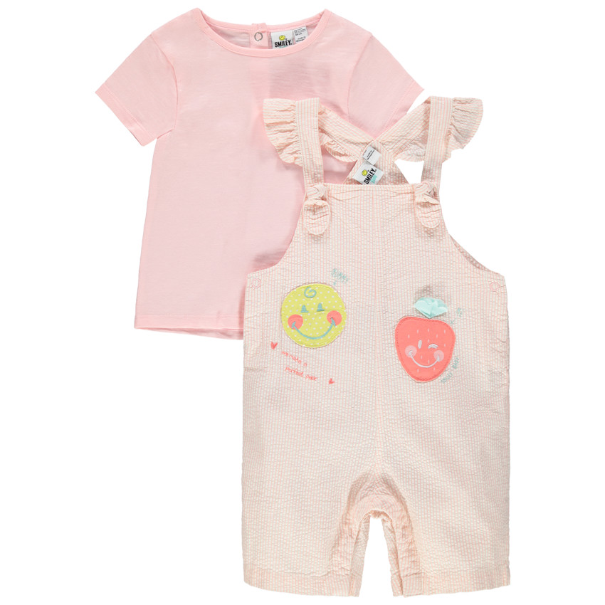 Conjunto con camiseta liso y Peto de Rayas finas y aplique 