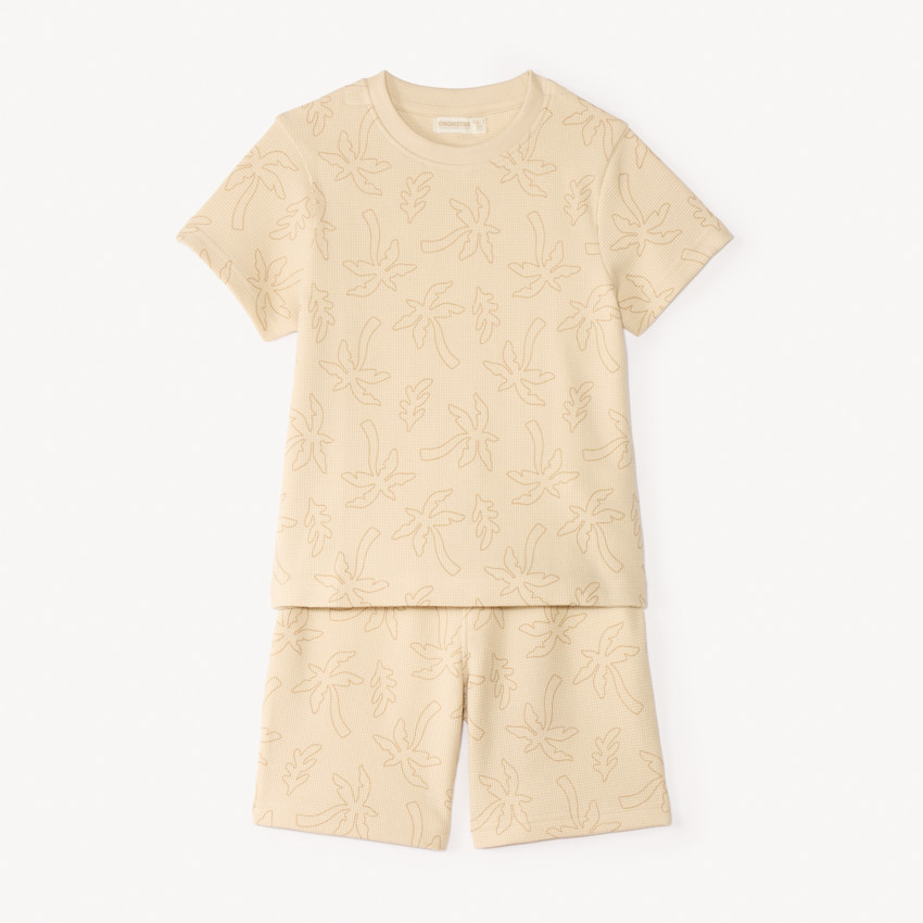 Conjunto de 2 piezas: camiseta + pantalón corto de tejido de panal con estampado de palmeras para niño. 