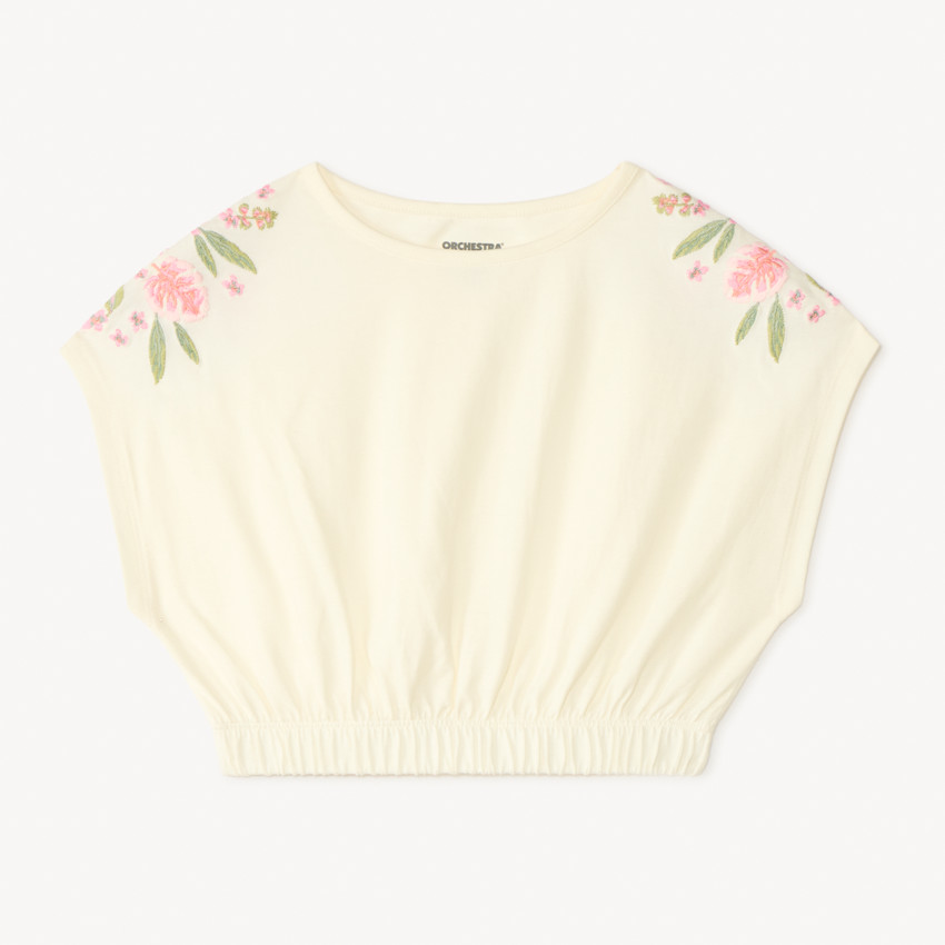 Camiseta de manga corta oversize tipo crop con flores bordadas para niña 