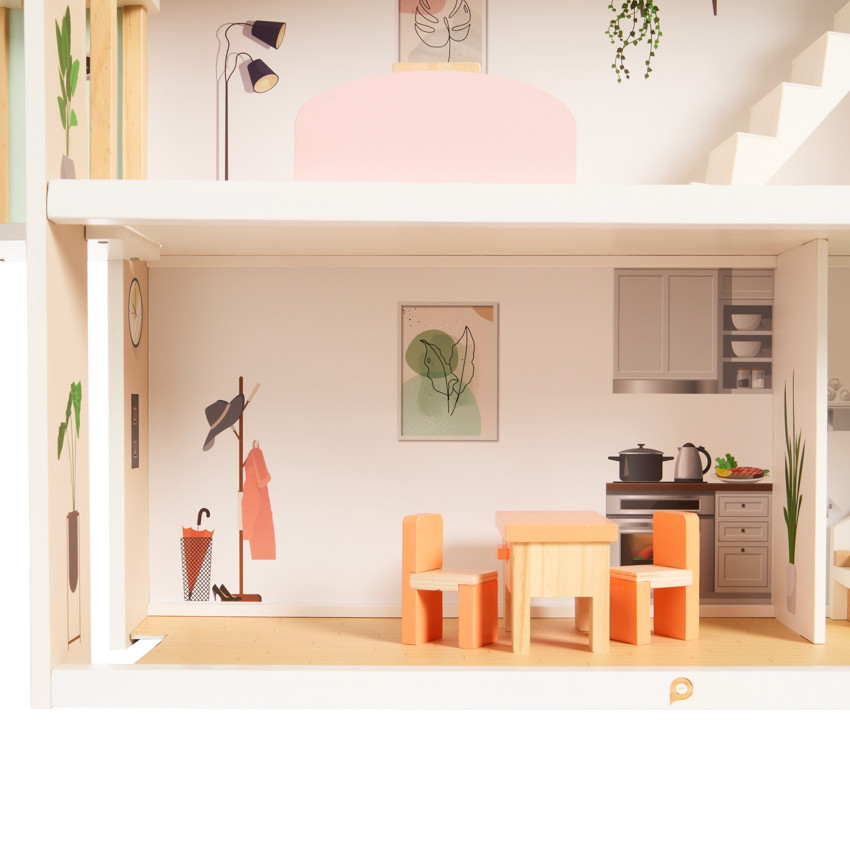 Casa de muñecas amueblada de madera 